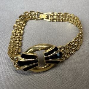 Vintage Signed Trifari Gold Tone Links with Black Enamel Bracelet